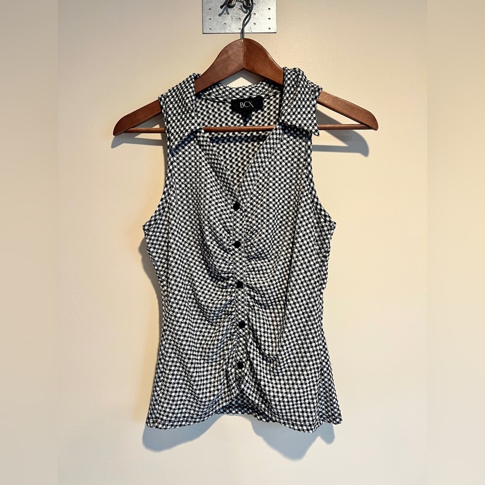 BCX Black White Gingham Ruched Sleeveless Collared Top Shirt Small S Y2K 90s